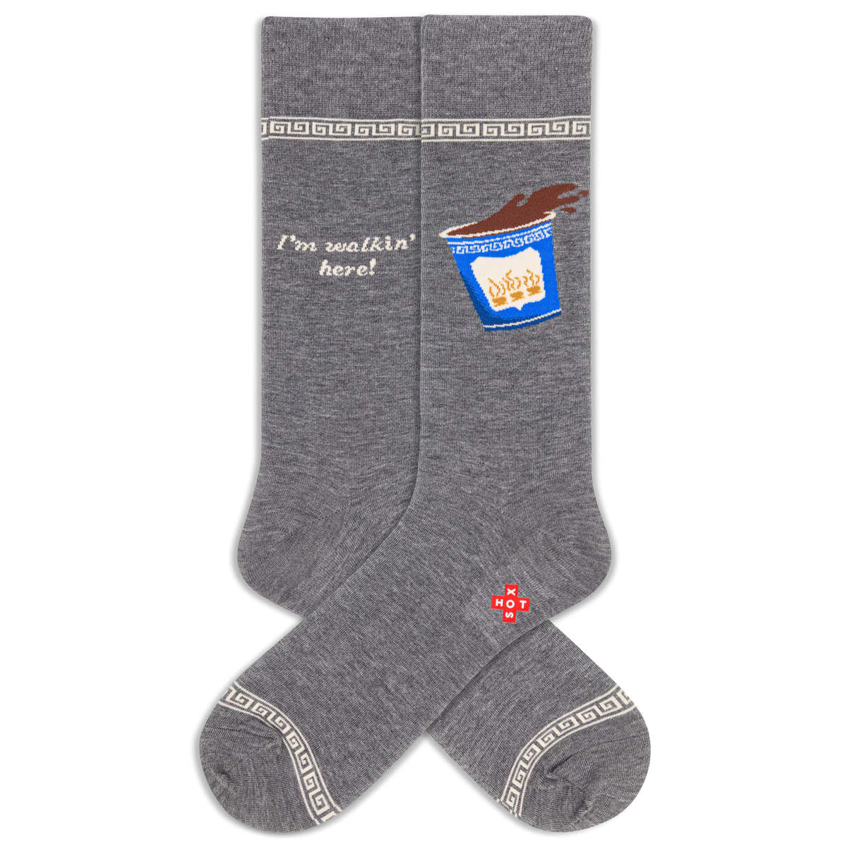 Gray socks with a design of a cup and text on a white background