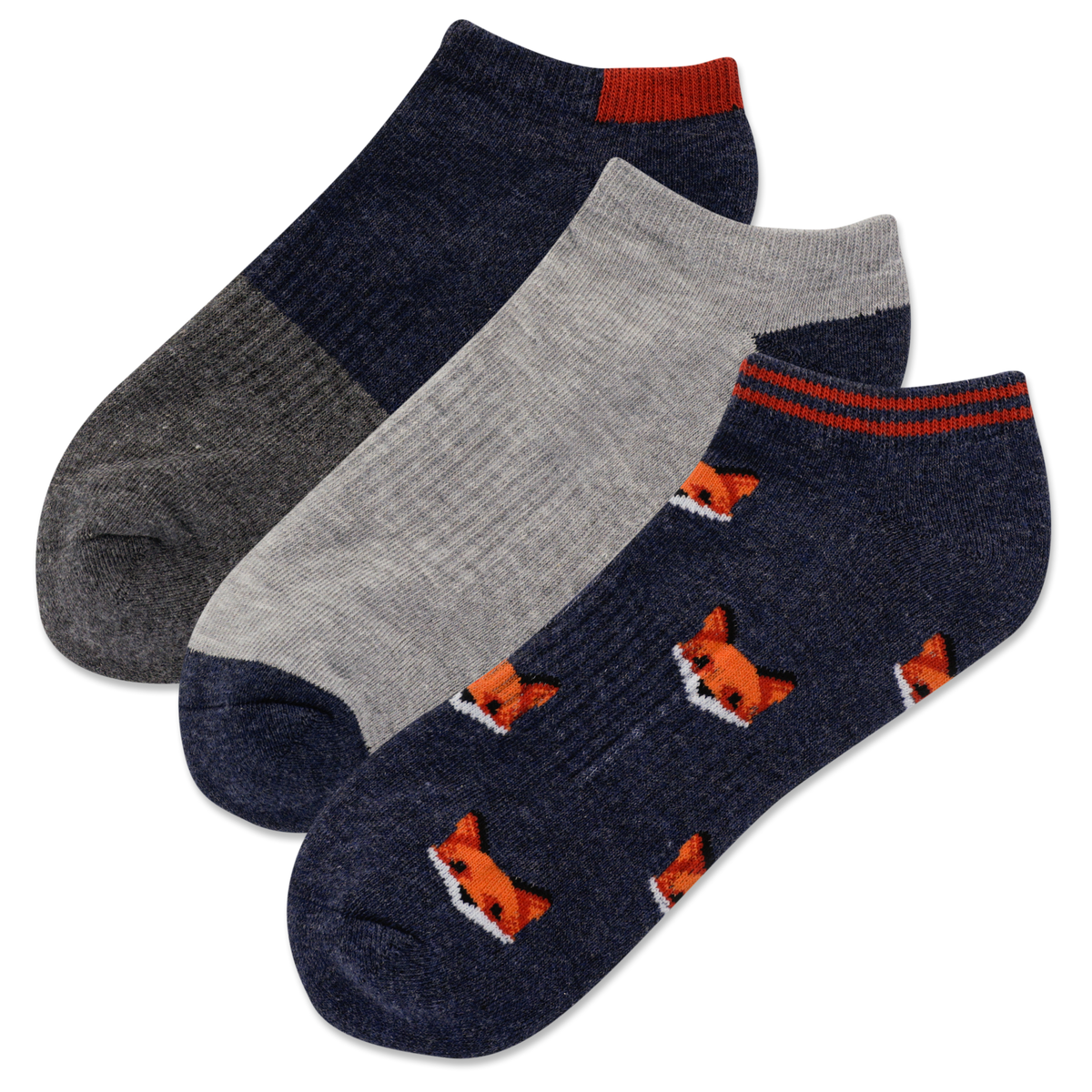 Three pairs of socks with fox patterns on a white background