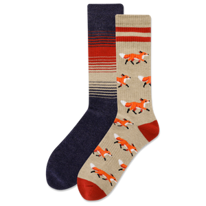 Two pairs of socks, one navy with horizontal stripes and the other beige with fox patterns, on a white background.