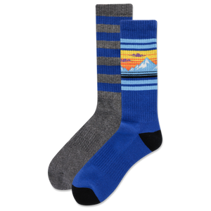 Two socks, one gray and one blue with a mountain design, on a white background.