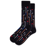 Black socks with golf-themed design on a white background