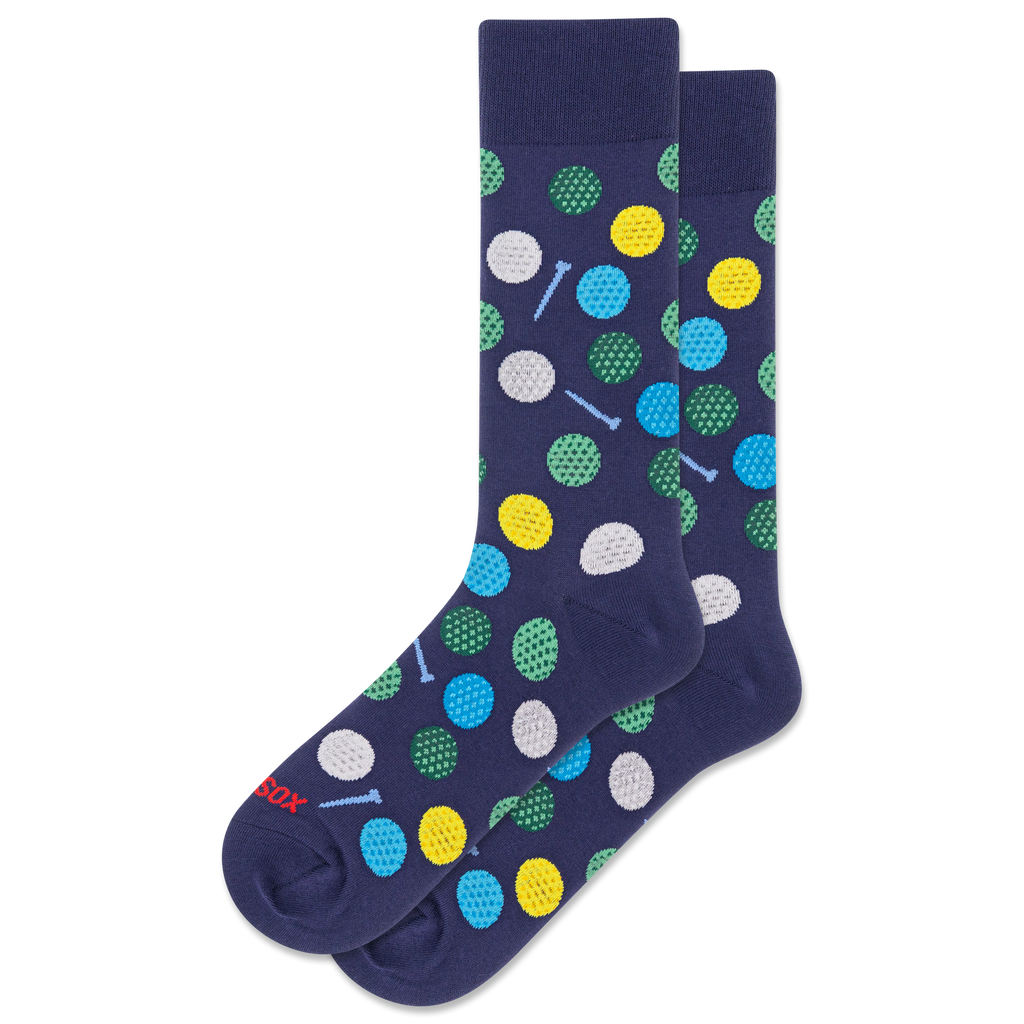 Navy blue socks with colorful golf ball pattern on a white background