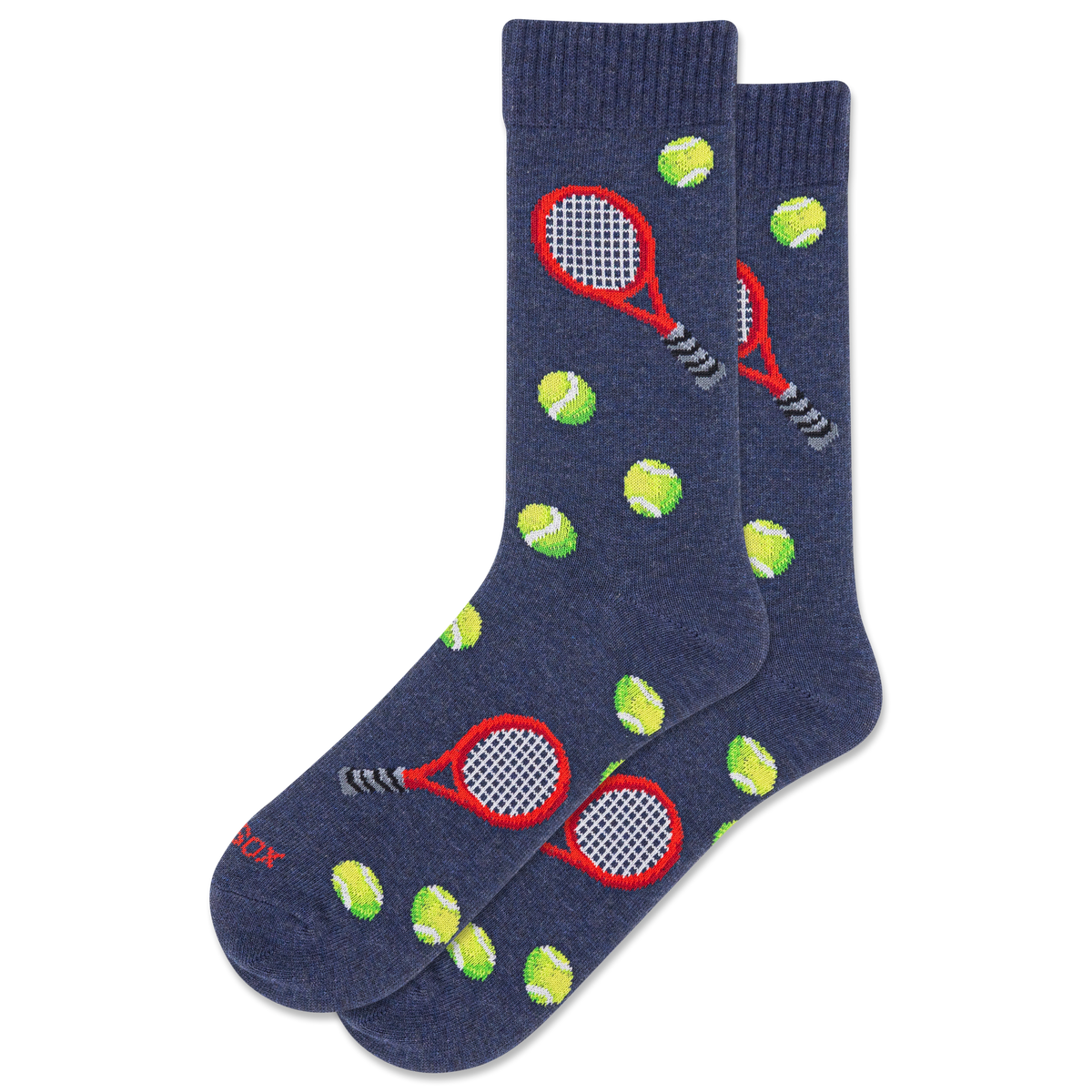 Navy socks with tennis racket and ball designs on a white background