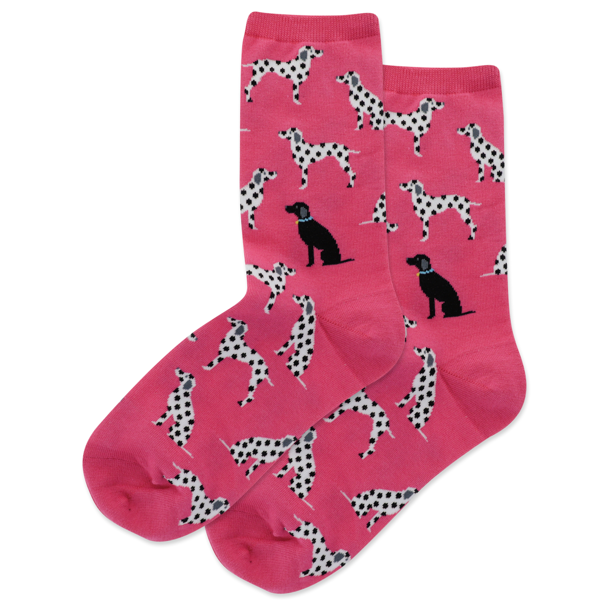 Pink socks with black and white dog pattern on a white background