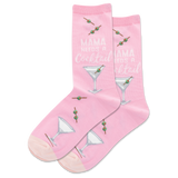 Pink socks with cocktail-themed design and text on a white background