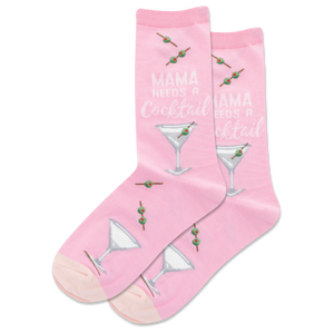 Pink socks with cocktail-themed design and text on a white background