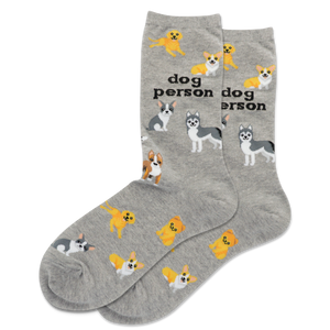 Gray socks with dog illustrations and 'dog person' text on a white background