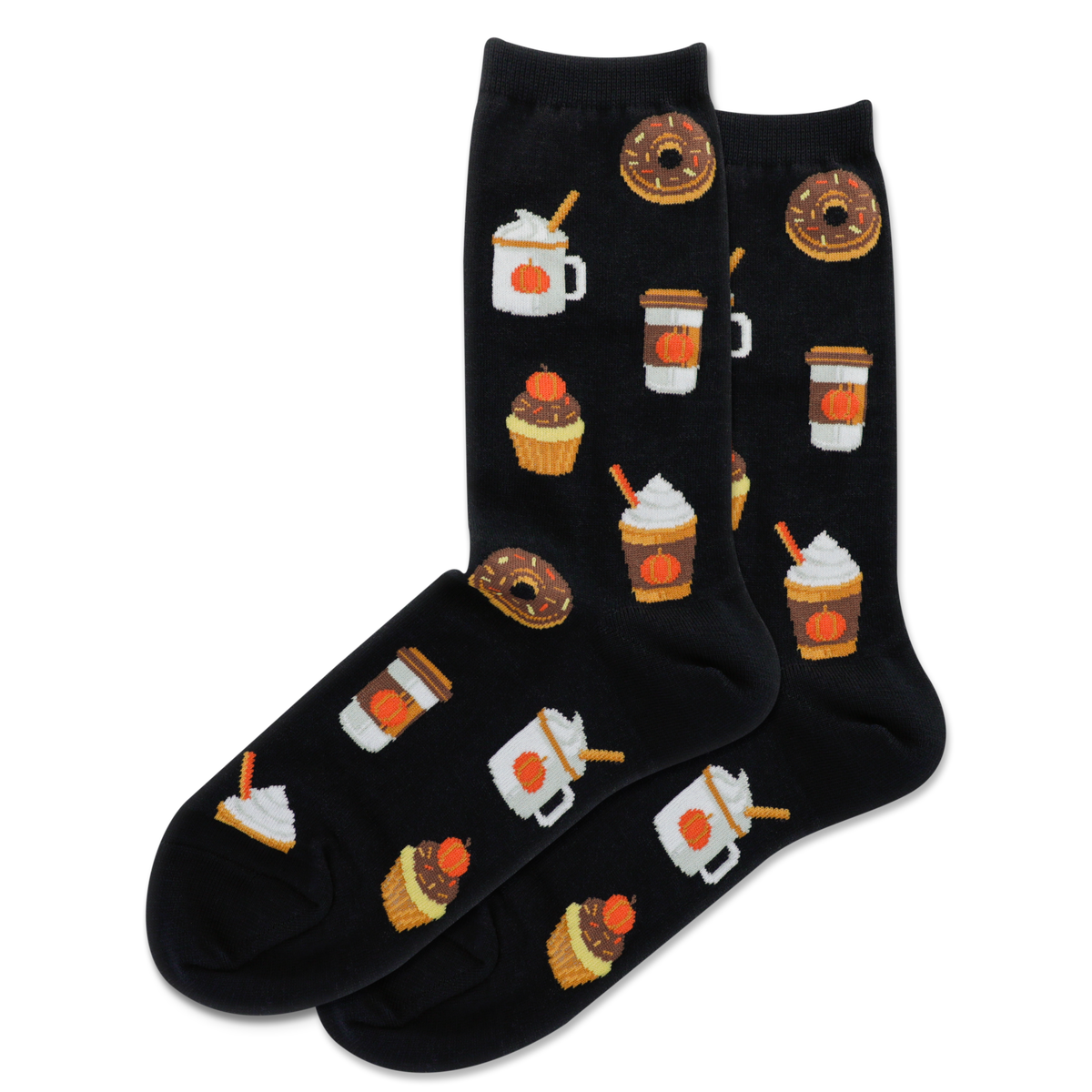 Black socks with colorful coffee and dessert designs on a white background