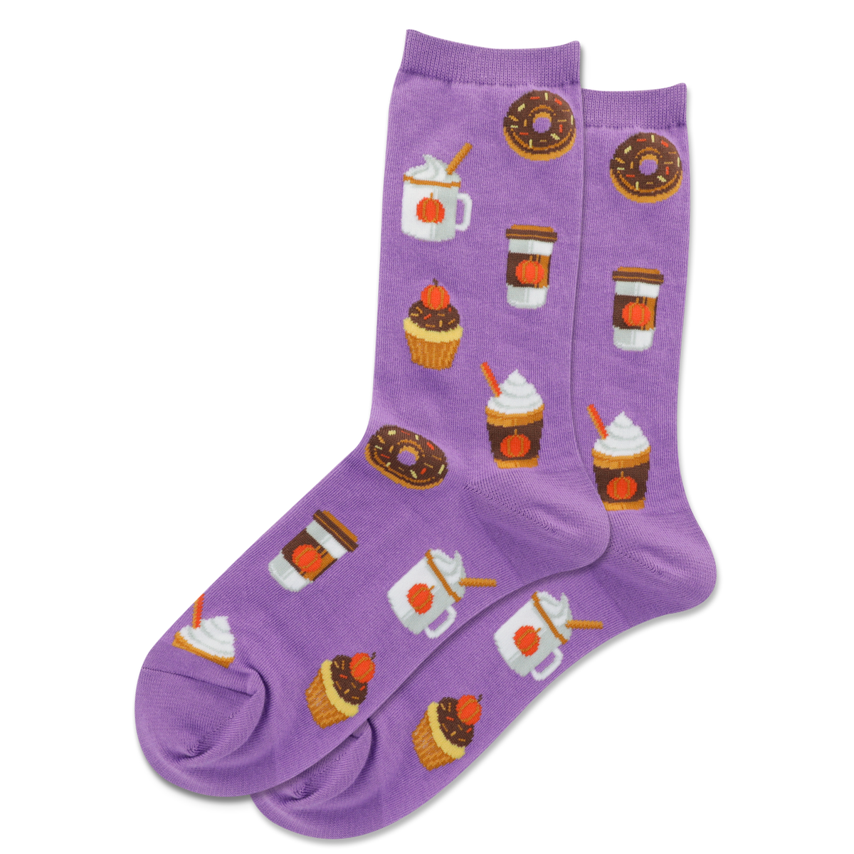 Purple socks with food-themed illustrations on a white background