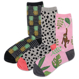 Three pairs of socks with pineapple, leopard print, and monkey designs on a white background