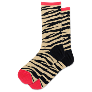 Zebra pattern sock with red accents on a white background