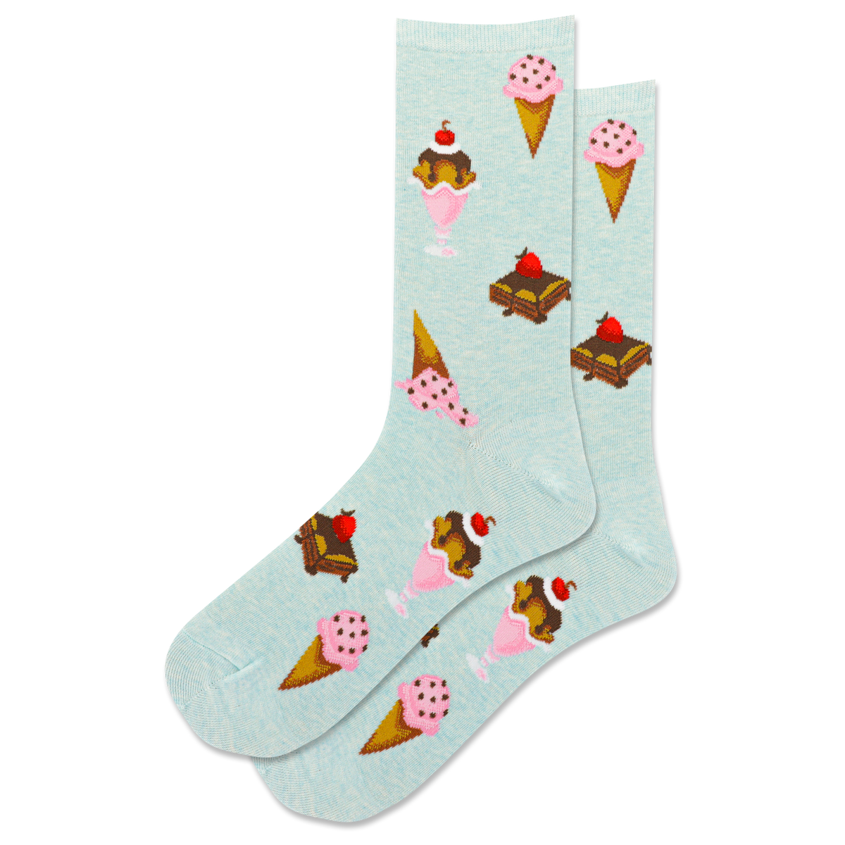 Light blue socks with ice cream cone and sundae designs on a white background