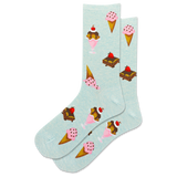 Light blue socks with ice cream cone and sundae designs on a white background