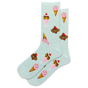 Light blue socks with ice cream cone and sundae designs on a white background
