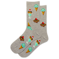 Gray socks with ice cream cone and sundae designs on a white background