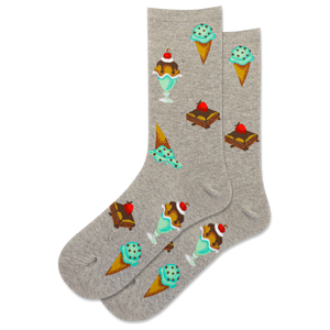 Gray socks with ice cream cone and sundae designs on a white background