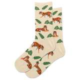 Beige socks with tiger and leaf pattern on a white background