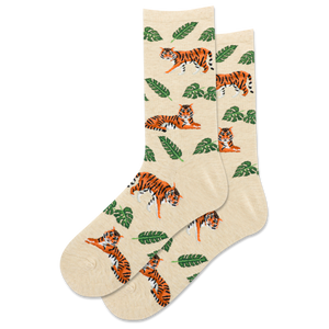 Beige socks with tiger and leaf pattern on a white background