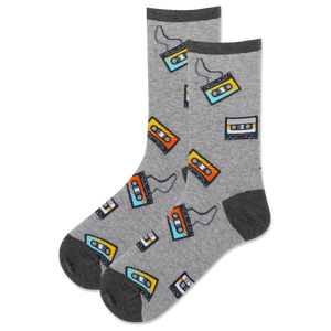 Gray socks with cassette tape pattern on a white background