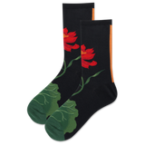 Black socks with red floral design on a white background