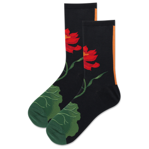 Black socks with red floral design on a white background