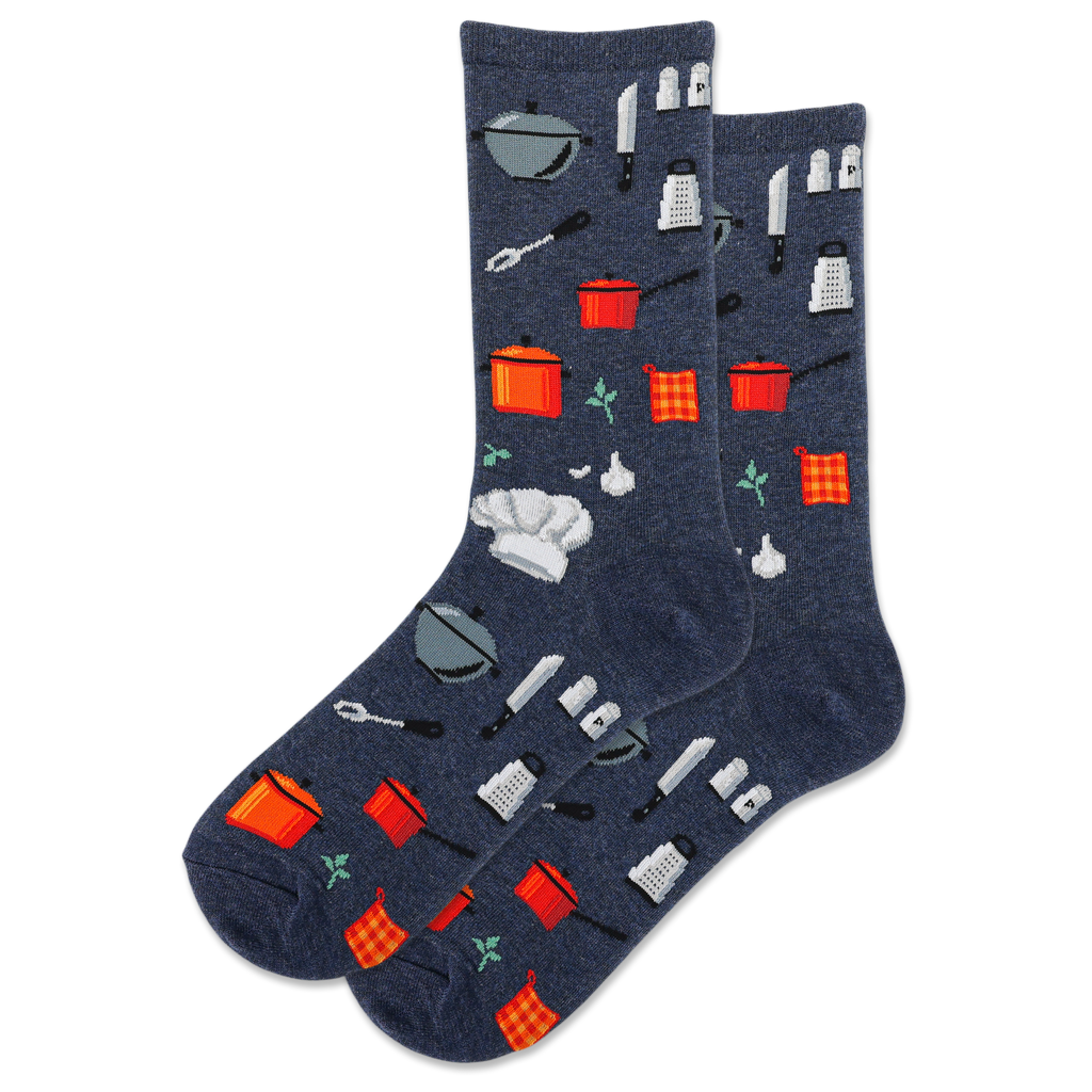 Pair of socks with kitchen utensil pattern on a white background