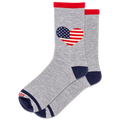 Gray socks with a heart-shaped American flag design on a white background