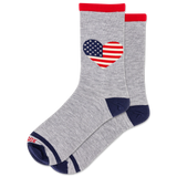Gray socks with a heart-shaped American flag design on a white background thumbnail
