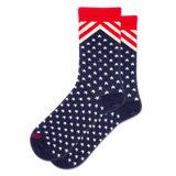 Navy blue socks with white star pattern and red accents on a white background