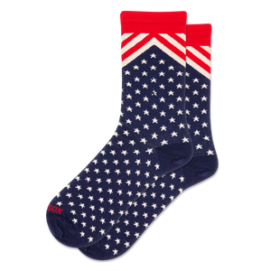 Navy blue socks with white star pattern and red accents on a white background
