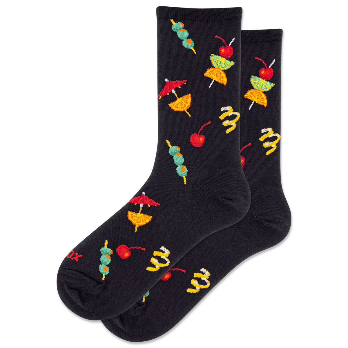 Black socks with colorful cocktail umbrella and cherry design on a white background