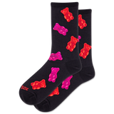 Black socks with red and pink gummy bear designs on a white background thumbnail