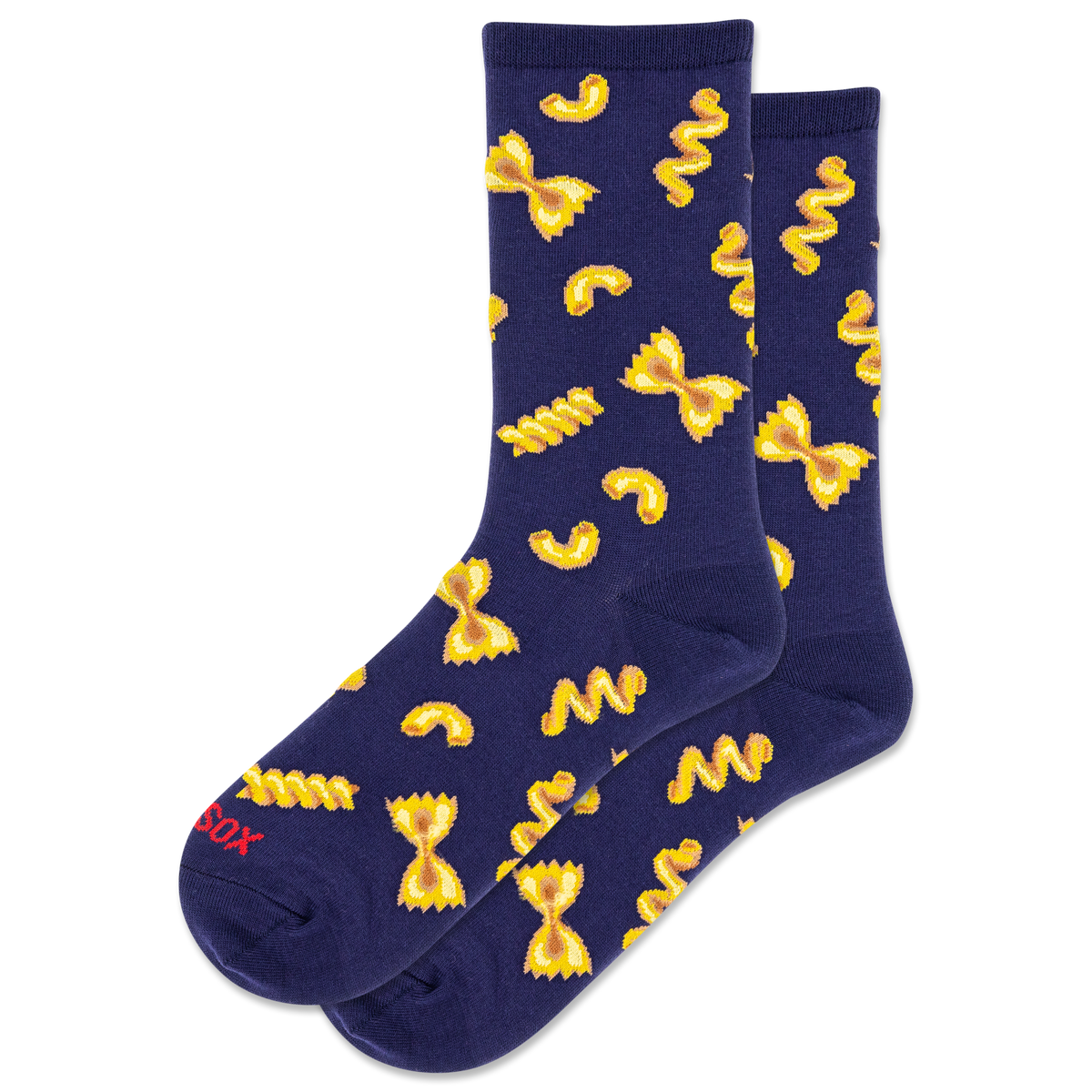 Women's navy blue socks featuring a bowtie noodle pattern.