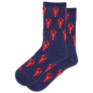 Navy socks with red lobster pattern on a white background