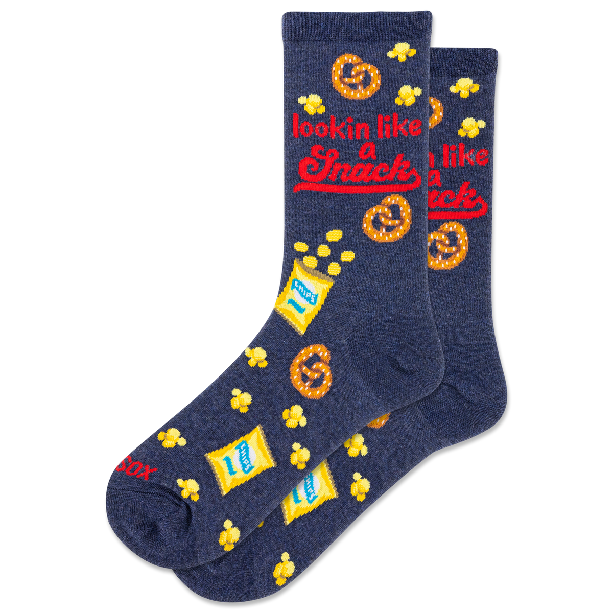 Navy blue socks with snack-themed graphics and text on a white background