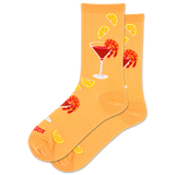 Orange socks with cocktail and prawn design on a white background