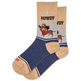 Pair of socks with a dachshund wearing a cowboy hat and 'Howdy' text on a white background thumbnail