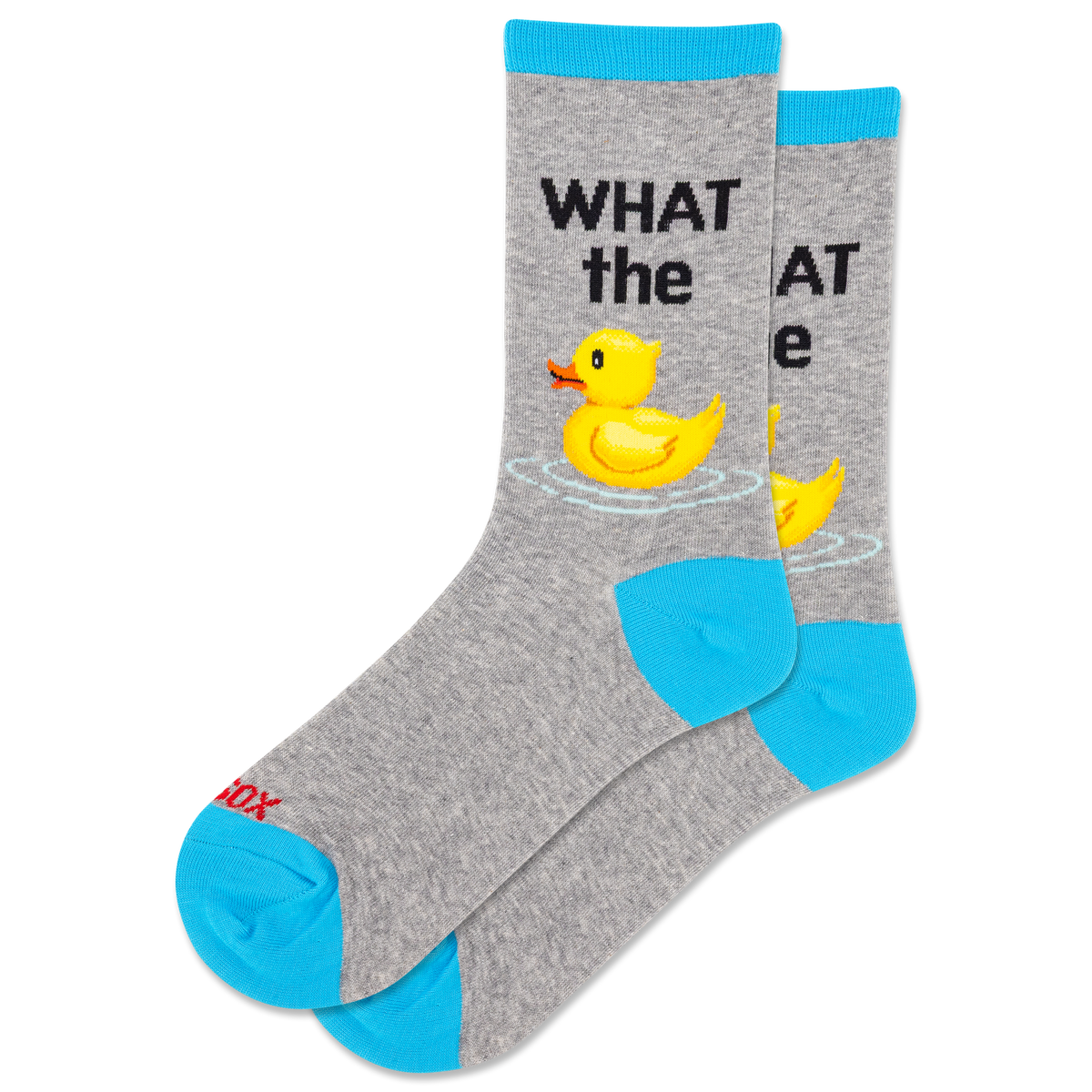 Gray socks with a yellow rubber duck and text on a white background