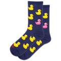 Navy blue socks with yellow rubber duck and pink duck pattern on a white background