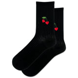 Black socks with cherry designs on a white background