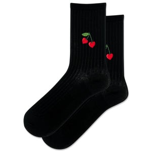 Black socks with cherry designs on a white background