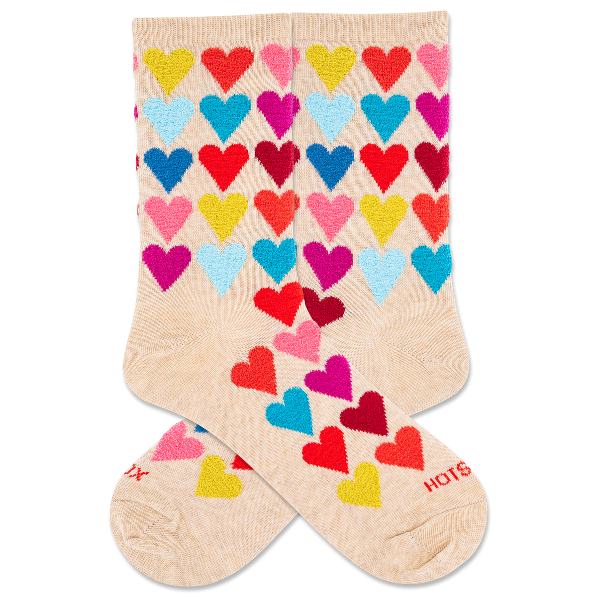 Beige socks with colorful heart pattern on a white background