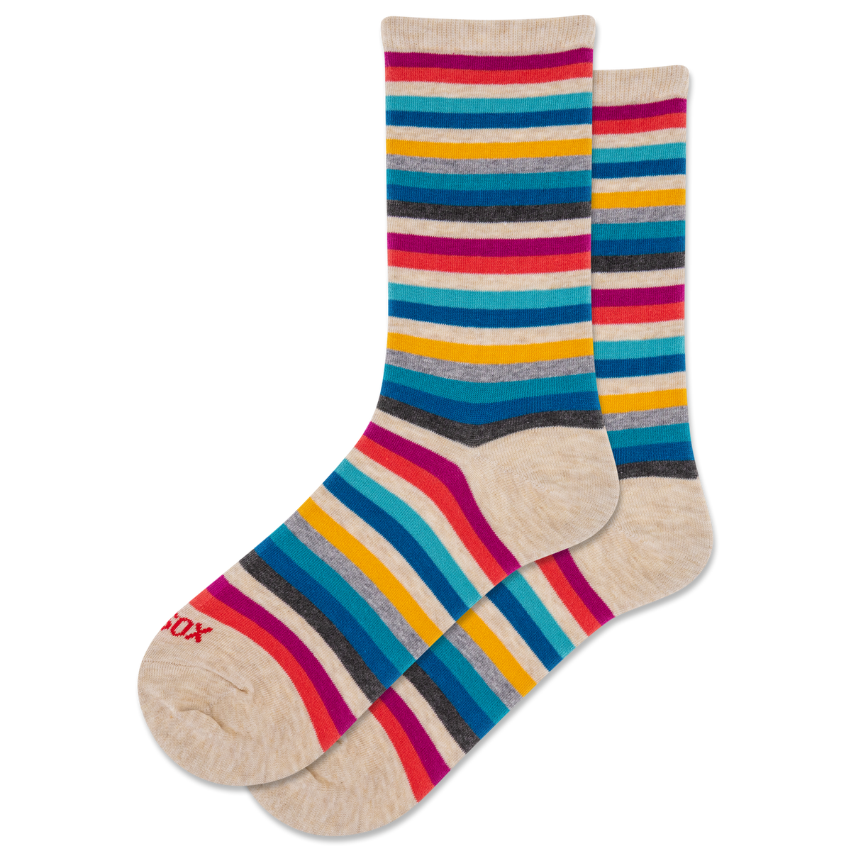 Colorful striped socks with a brand logo on a white background