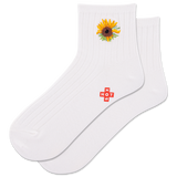 White socks with a sunflower design and a visible brand logo on a white background thumbnail