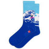 Blue socks with a wave design and a small logo on a white background thumbnail