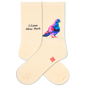 Beige socks with a colorful pigeon and 'I Love New York' text on a white background