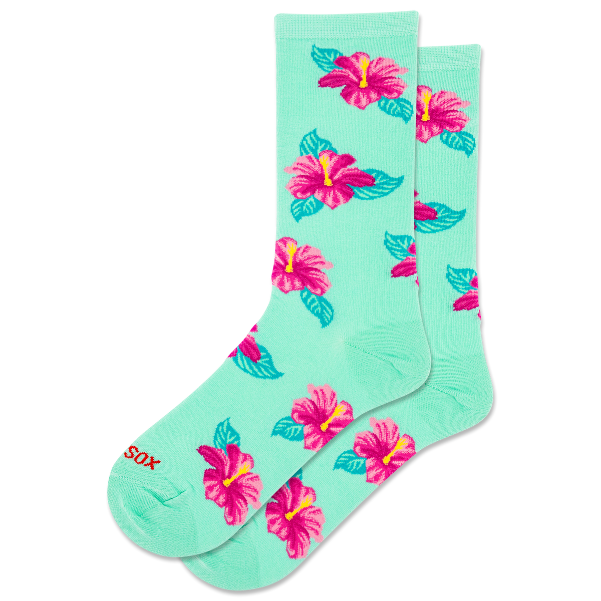 Mint green socks with pink floral patterns on a white background