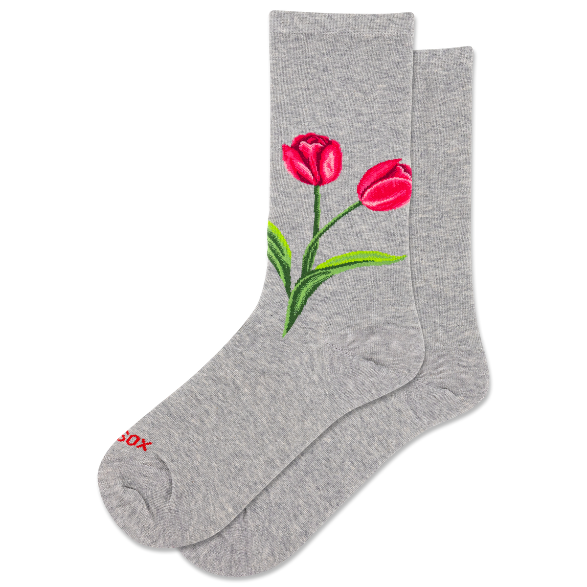 Gray socks with red tulip design on a white background