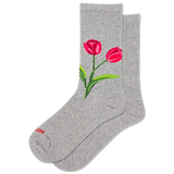 Gray socks with red tulip design on a white background
