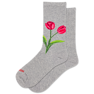 Gray socks with red tulip design on a white background